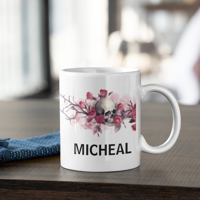 Mug Bordure crâne florale Nom personnalisé (Créateur téléchargé)