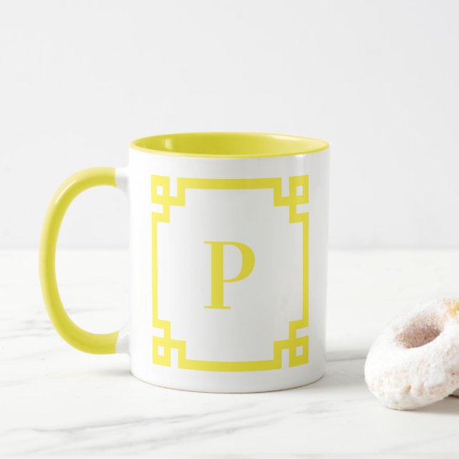 Mug Bordure de clé grecque jaune citron clair avec mon (Avec donut)