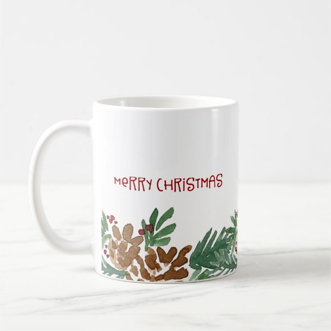Mug Bordure de cônes de pin aquarelle Joyeux Noël (Gauche)