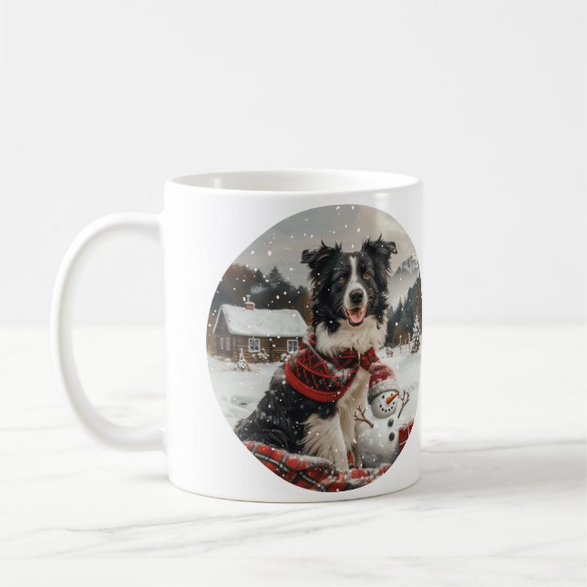 Mug Bordure de Noël Collie Chien Snowman (Gauche)