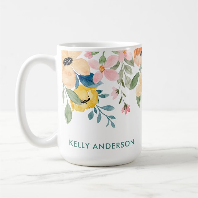 Mug Bordure Florale Aquarelle Botanique Gris Rose Pêch (Gauche)