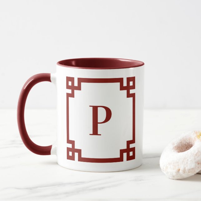 Mug Bordure Monogramme Clé Grecque Rouge de Grange (Avec donut)