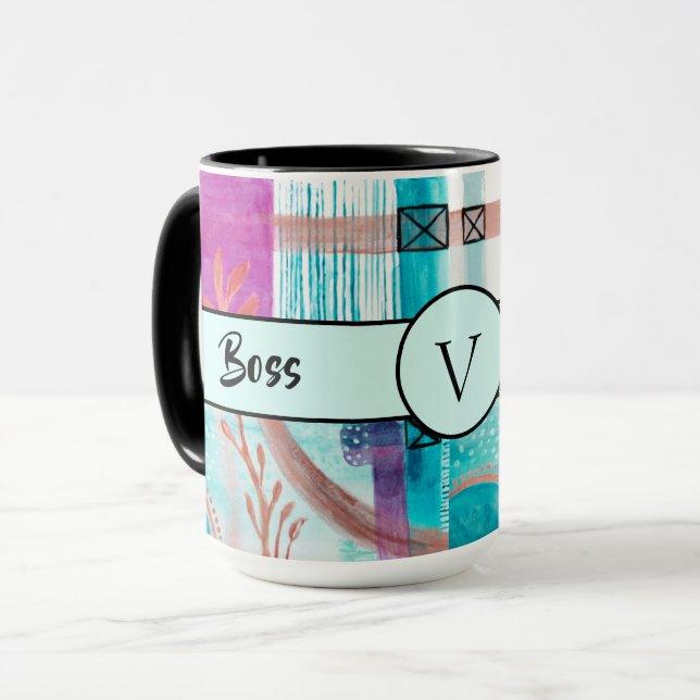 Mug Boss Lady Black Monogram Abstrait Ringer 15oz (Devant gauche)