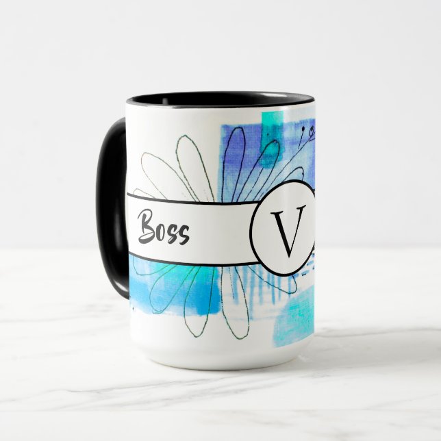 Mug Boss Lady Blue Monogram Abstrait Ringer 15oz (Devant gauche)