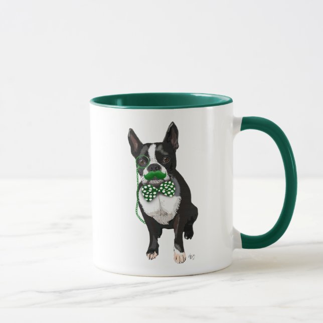 Mug Boston Terrier Avec Moustache Verte Et Pot (Droite)
