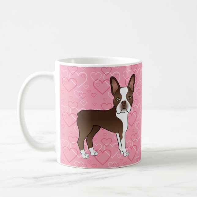Mug Boston Terrier Brun Chocolat sur des coeurs roses (Gauche)