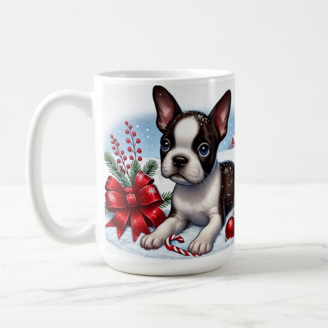 Mug Boston Terrier Chiot Avec Décorations De Noël (Gauche)