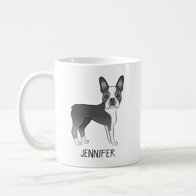 Mug Boston Terrier de dessin animé bleu et blanc & nom (Gauche)
