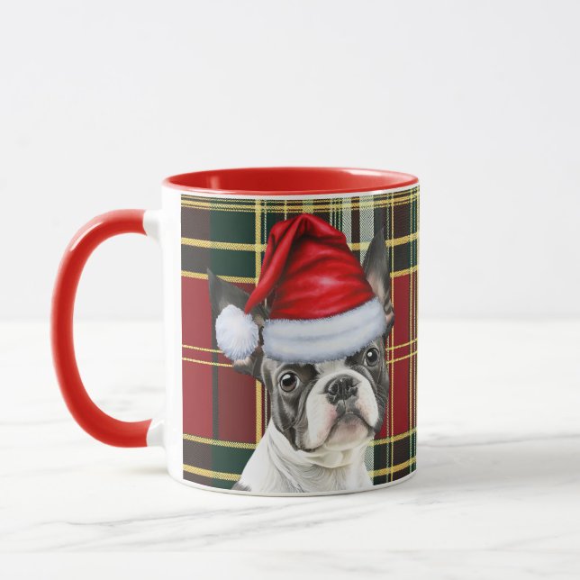 Mug Boston Terrier Red Green Holiday Plaid Noël (Gauche)