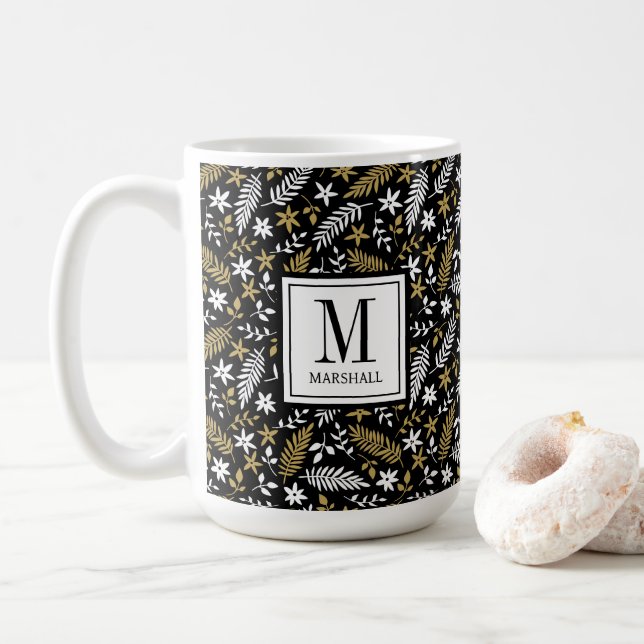 Mug Botanical Black Gold Monogram Name Holiday (Avec donut)
