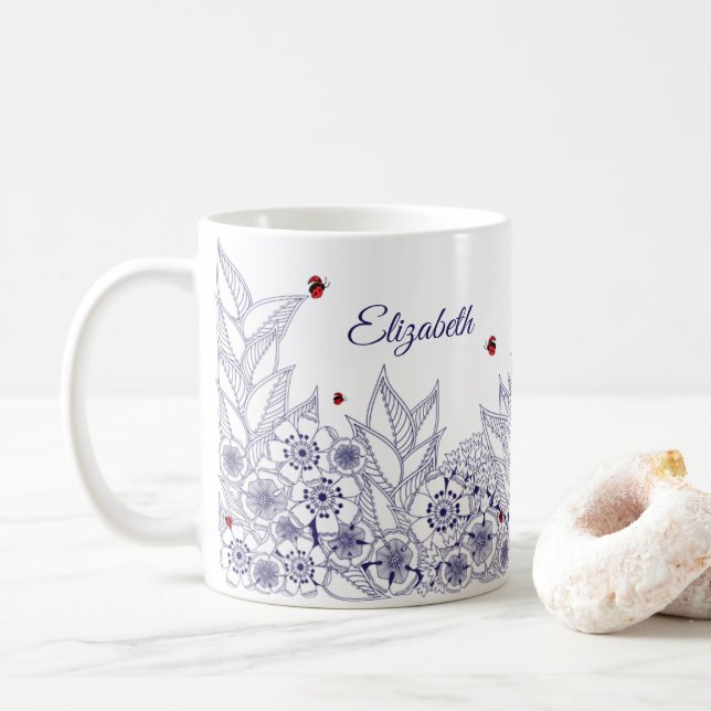 Mug botanique d'art populaire bleu personnalisé (Avec donut)