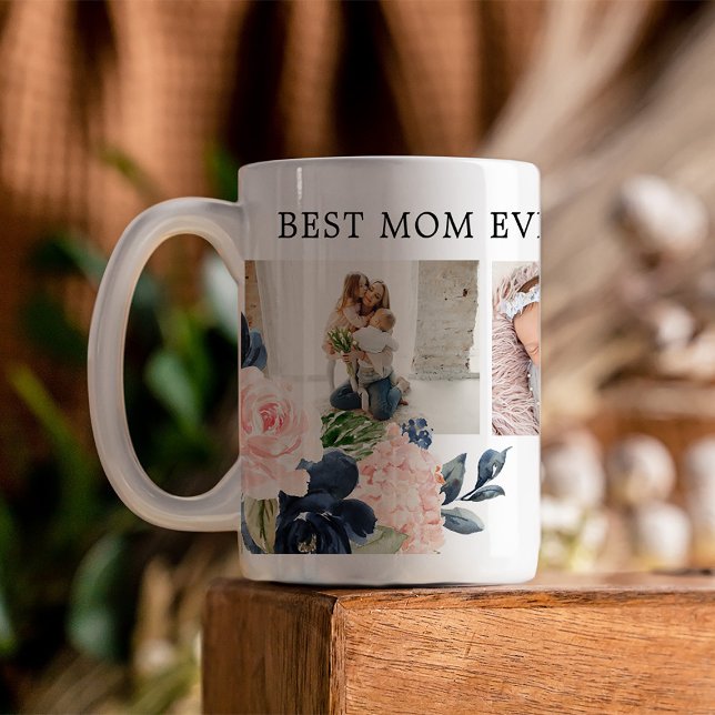 Mug Botanique Florale Meilleure Maman Jamais Photo Col (Presenting a custom-crafted Mother's Day mug with beautiful florals framing a photo collage)