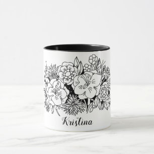 Mug Botanique florale noire blanche avec nom