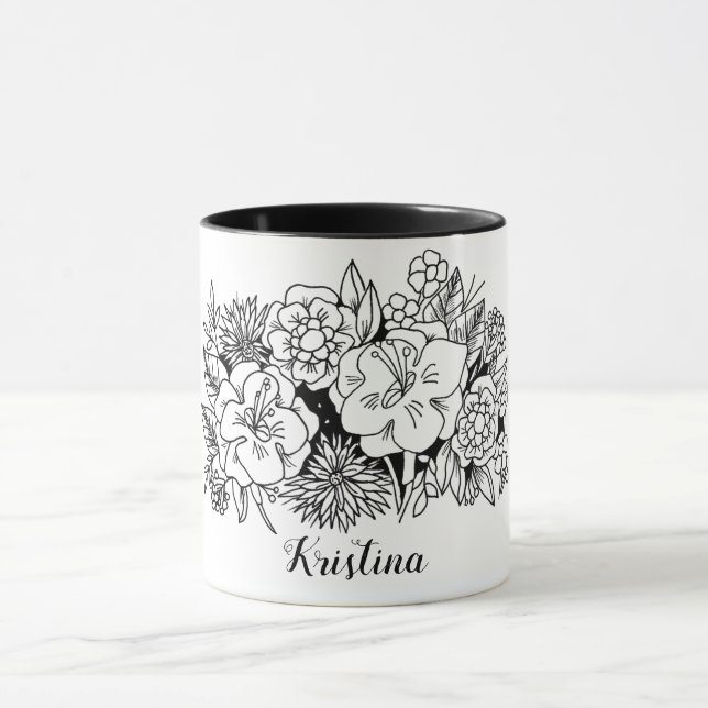 Mug Botanique florale noire blanche avec nom (Centre)