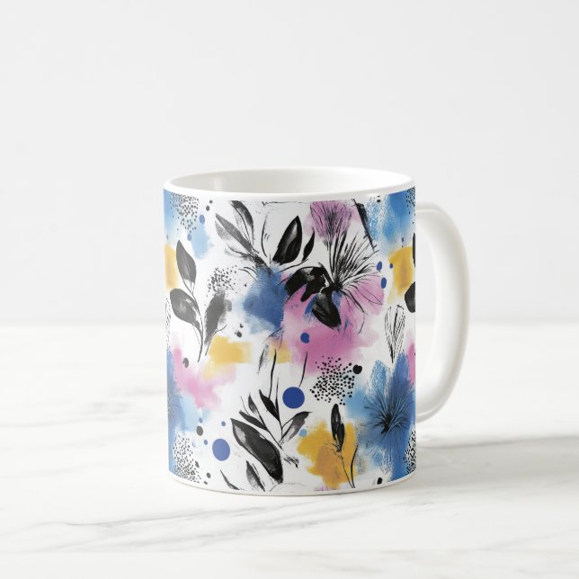 Mug Botanique Moderne en Bleu Magenta et Moutarde (Devant droit)