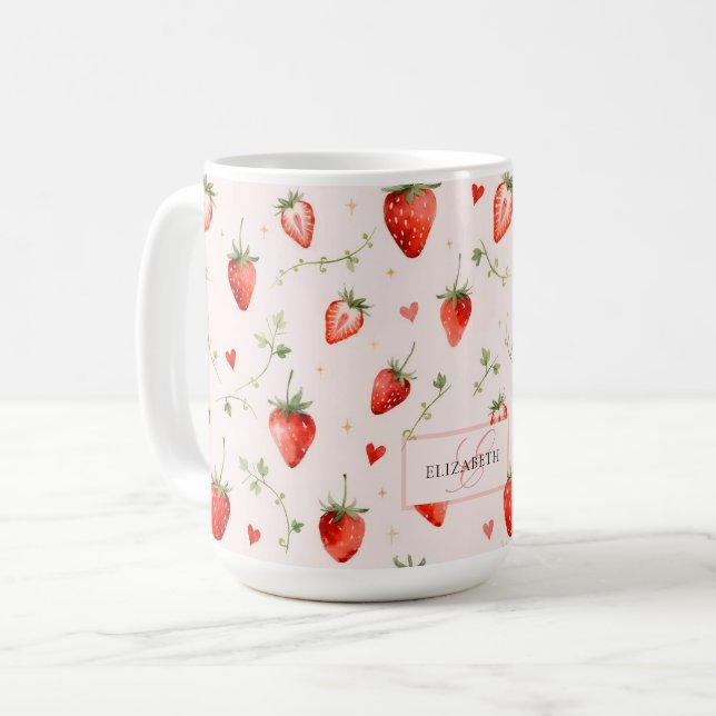 Mug Botanique Rose Doux de Baie Monogramme Coeurs (Devant gauche)