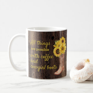 Mug Botillons de cowgirl en bois rustique et tournesol