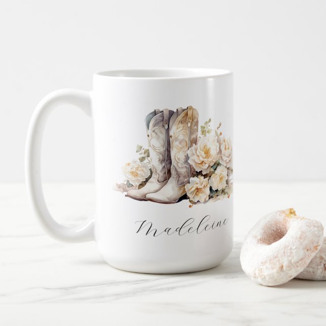 Mug Bottes de cowgirl florales romantiques Pivoines (Avec donut)