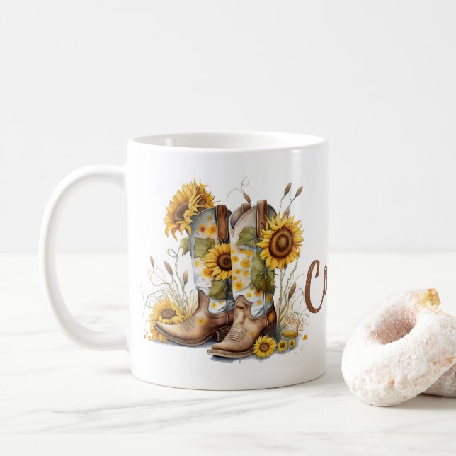Mug Bottes et tournesols de cowgirl colorées (Avec donut)