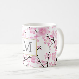 Mug boue de cerisier rose blanc initial personnalisabl