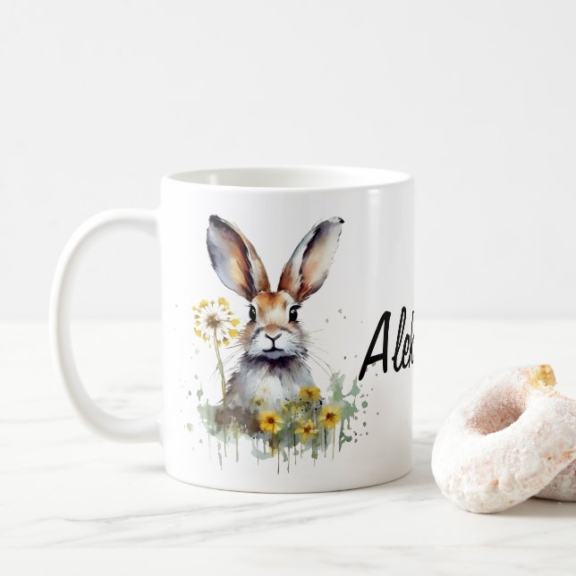 Mug Boue de lapin d'aquarelle Dandelion personnalisée (Avec donut)
