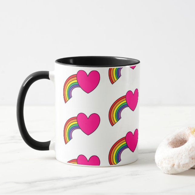 Mug Boug de café avec arcs-en-ciel et coeur rose chaud (Avec donut)