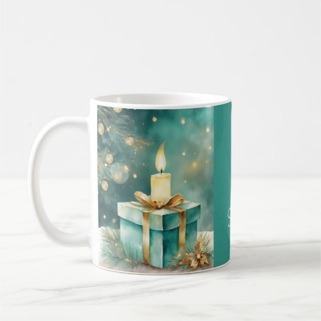 Mug Bougie sarcelle et dorée avec coffret cadeau (Gauche)