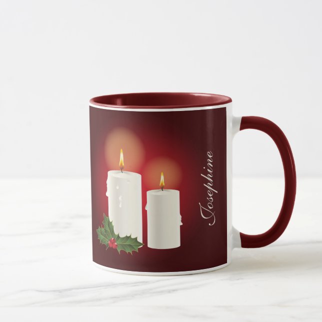 Mug Bougies de Noël blanches sur fond rouge avec texte (Droite)