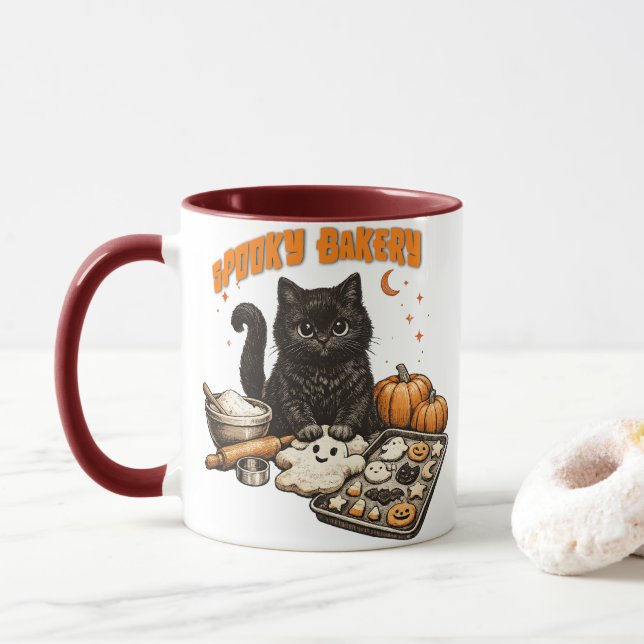 Mug Boulangerie Chat Noir Épouvantable Halloween Biscu (Avec donut)