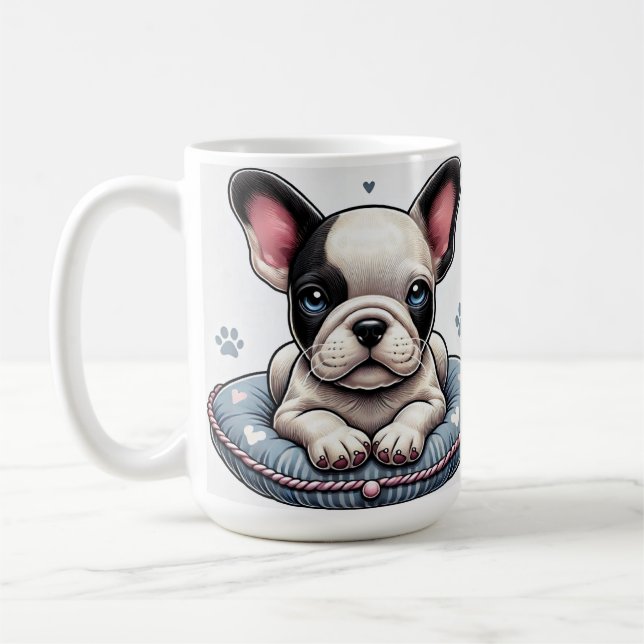Mug Bouledogue français sur un coussin à thème cœur (Gauche)