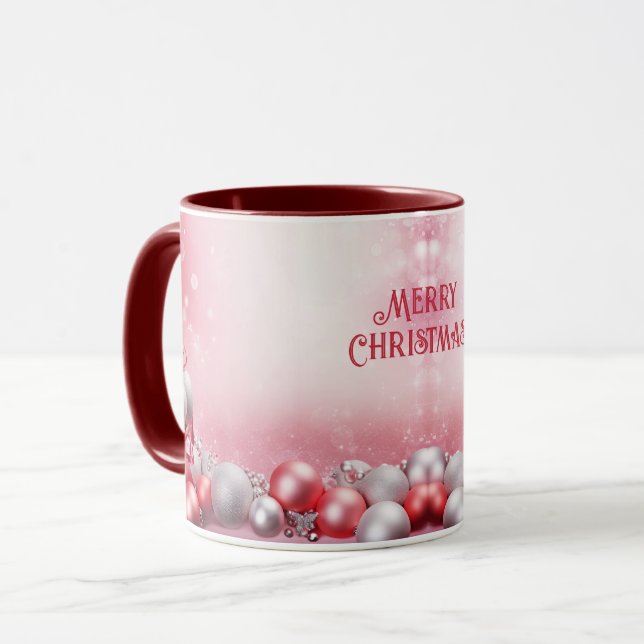 Mug Boules de Noël rose blanc Musique de Noël (Devant gauche)