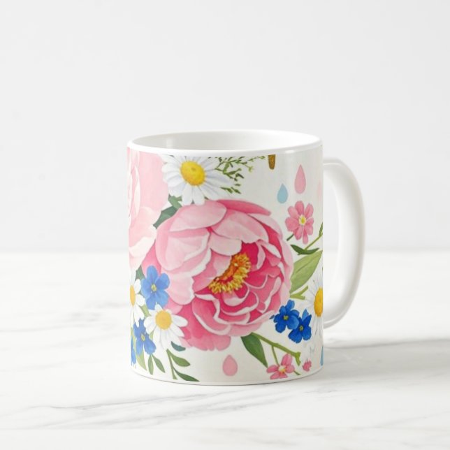 Mug Bouquet d'aquarelle vibre de pivoines, marguerites (Devant droit)