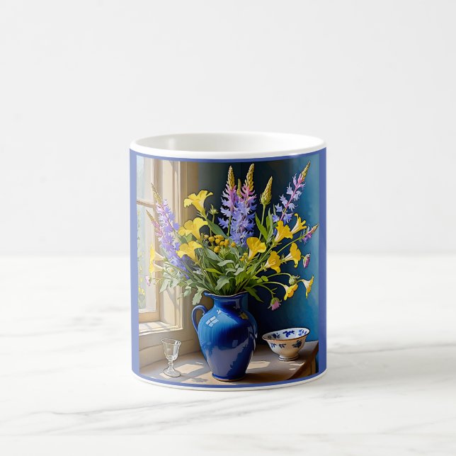 Mug Bouquet de fleurs bleu jaune violet Art (Centre)