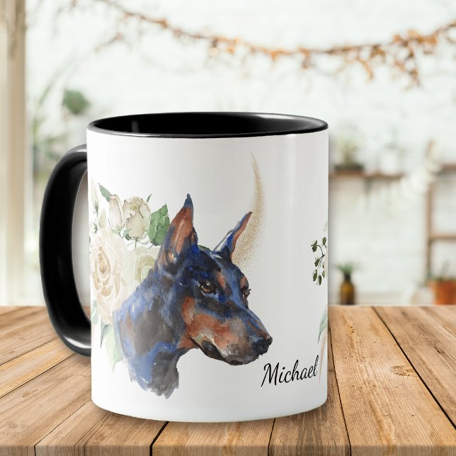 Mug Bouquet de rose blanche Doberman Pinscher Chien (Créateur téléchargé)