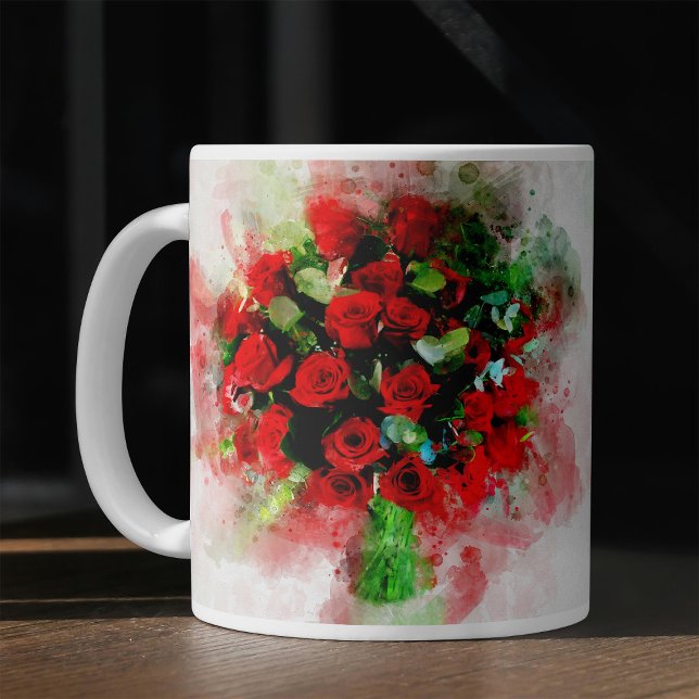 Mug Bouquet de roses rouges aquarelle sur fond blanc (Red Roses Bouquet Watercolor on White Background. Coffee Mug)