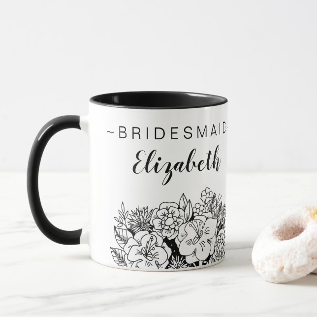 Mug Bouquet de servante noir et blanc avec nom (Avec donut)