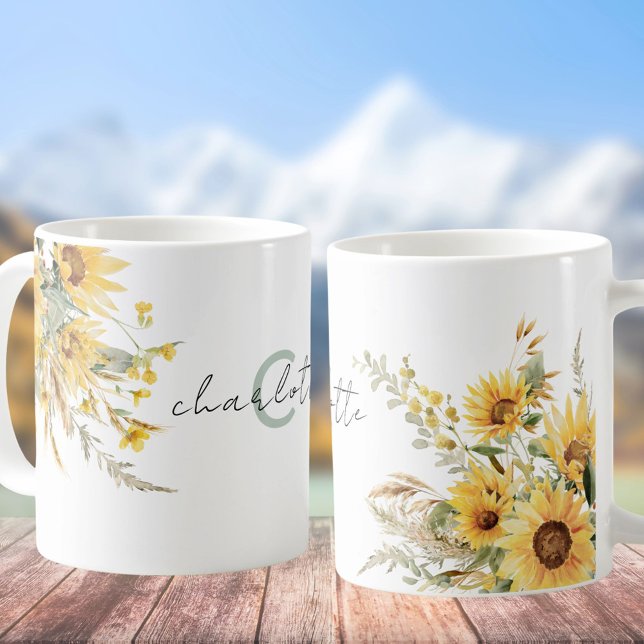 Mug Bouquet de tournesols à l'aquarelle avec monogramm (In situ)