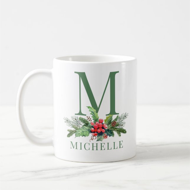 Mug Bouquet de verdure de Noël Monogramme floral Nom (Gauche)