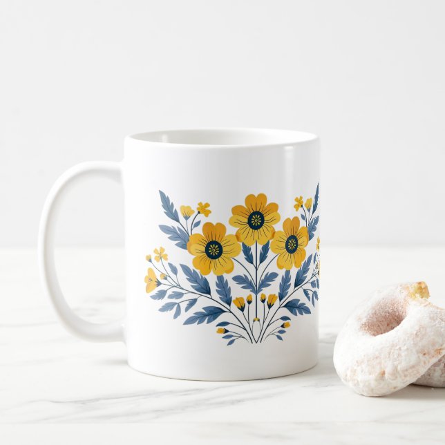 Mug Bouquet floral bleu et jaune (Avec donut)
