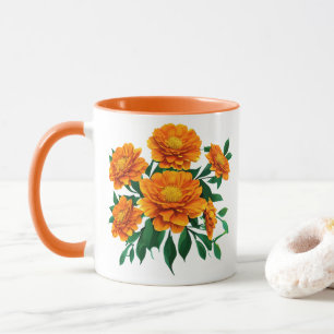 Mug Bouquet Orange Marigold avec Feuilles verts