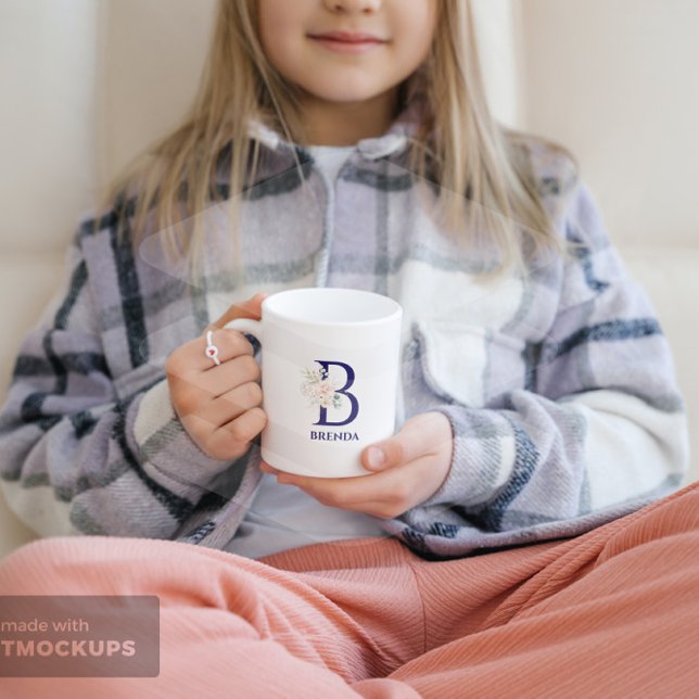 Mug Bouquet rose floral bleu monogramme (Créateur téléchargé)