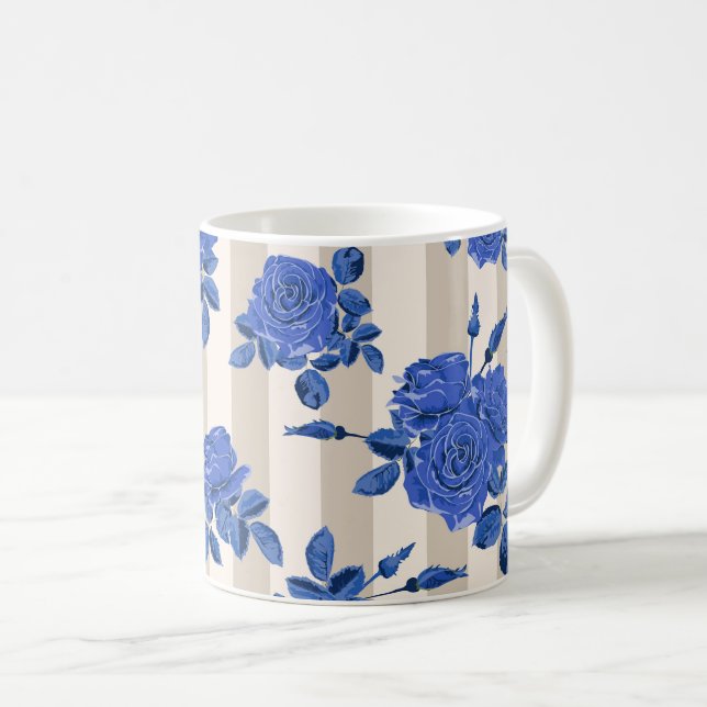 Mug Bouquets bleus de roses sur fond rayé  (Devant droit)