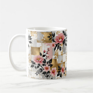 Mug Bouquets de fleurs roses sur Carrés or et blanc