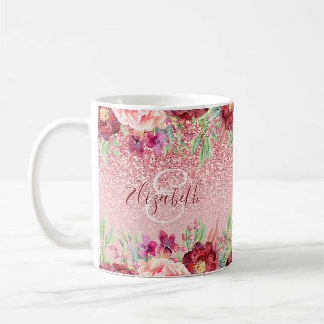 Mug Bourgogne Floral Rose Gold Parties scintillant per (Gauche)
