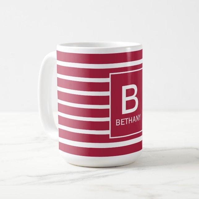 Mug Bourgogne Monogramme Personnalisé Rayé (Devant gauche)