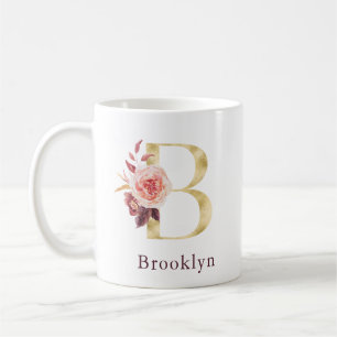 Mug Bourgogne Nom et rose Floral Monogramme Lettre B C