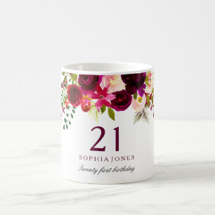 Mug Bourgogne Rouge Floral Boho 21e anniversaire Cadea