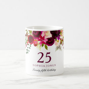Mug Bourgogne Rouge Floral Boho 25e anniversaire Cadea