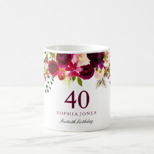 Mug Bourgogne Rouge Floral Boho 40e anniversaire Cadea