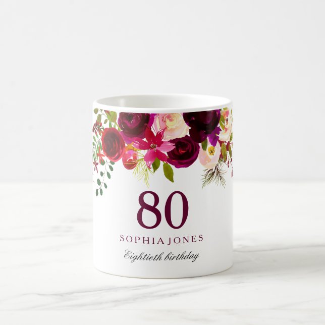 Mug Bourgogne Rouge Floral Boho 80e anniversaire Cadea (Centre)